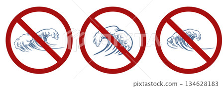 Vector set of forbidden signs with waves. Danger of high waves. Swimming with the waves is prohibited. Vector set of forbidden signs with waves. Danger of high waves. Swimming with the waves is prohibited. 134628183