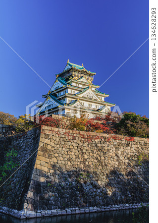 Osaka Castle with its beautiful clear blue sky and autumn leaves 134628293