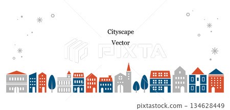 Simple winter cityscape illustration material vector white background house frame snow 134628449