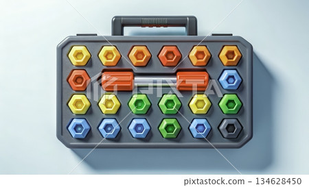 Colorful tool set kit for children with different shapes on blue surface 134628450