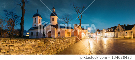Kuressaare, Estonia. Church Of St. Nicholas In Blue Hour Evening Night. Street. Panorama, panoramic view 134628483