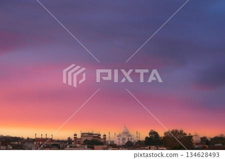 Taj Mahal in Agra, Uttar Pradesh, India. Seven 7 world wonders. Fabulous Taj mahal travel concept. indian islamic heritage at sunrise early morning. nobody 134628493