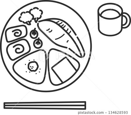 飯糰單盤午餐插圖（僅線畫） 134628593