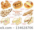 A collection of warm watercolor bread illustrations. Perfect for bakery and cafe menus and advertising designs. 134628706