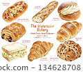 A collection of warm watercolor bread illustrations. Perfect for bakery and cafe menus and advertising designs. 134628708