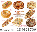 A collection of warm watercolor bread illustrations. Perfect for bakery and cafe menus and advertising designs. 134628709