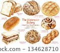 A collection of warm watercolor bread illustrations. Perfect for bakery and cafe menus and advertising designs. 134628710