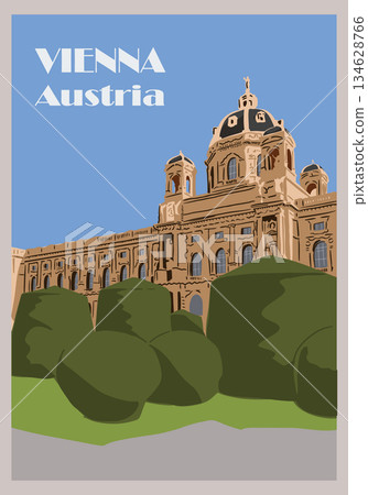 Hand drawn travel poster of Vienna with historic baroque architecture and city landmark illustration. The image represents tourism, European travel destination, cultural heritage 134628766