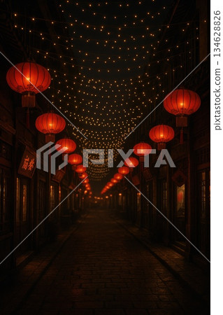 Traditional red lanterns and warm string lights illuminate a narrow night street in an old Chinese district. The image represents celebration, tradition, heritage and festive atmosphere Traditional red lanterns and warm string lights illuminate a narrow night street in an old Chinese district. The image represents celebration, tradition, heritage and festive atmosphere 134628826
