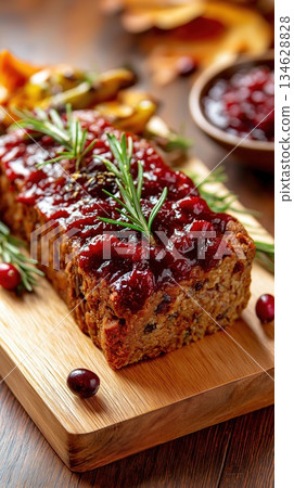 Vegan lentil and mushroom loaf topped with cranberry glaze served on a wooden board. The image represents healthy plant based food, ethical eating and festive sustainable cooking 134628828