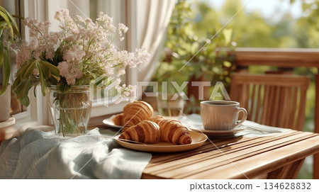 Cozy breakfast with fresh croissants and a cup of coffee served on a sunlit wooden terrace with flowers. The image represents slow living, morning routine, comfort and peaceful lifestyle 134628832