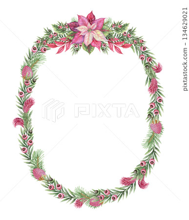 Lush Christmas wreath of poinsettia flowers and yew branch in the oval shape in hand painted watercolor. Pink red and green create a winter look. Perfect for festive frame template and card design. Lush Christmas wreath of poinsettia flowers and yew branch in the oval shape in hand painted watercolor. Pink red and green create a winter look. Perfect for festive frame template and card design. 134629021
