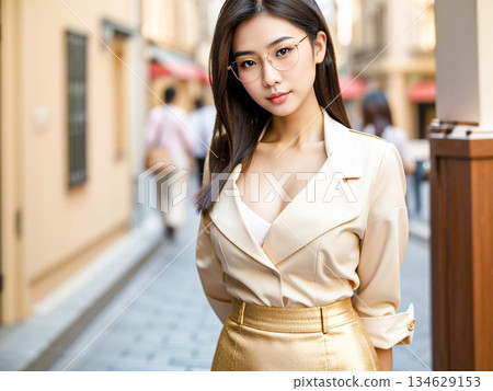 一位身穿米色套裝的女子站在街上的肖像 一位身穿米色套裝的女子站在街上的肖像 134629153