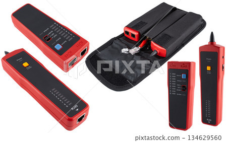 Compact RJ45 twisted pair tester with LED indication of breaks and short circuits. 134629560