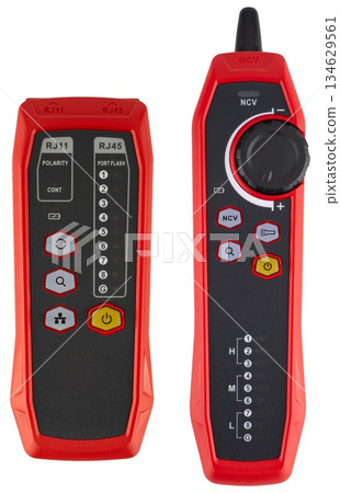 Red internet cable tester with two blocks and sequential wire indication. 134629561