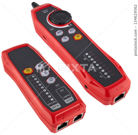 Universal LAN cable tester with test buttons and scan mode. On a white background 134629562