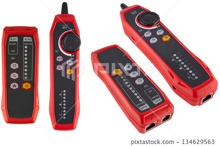 Red internet cable tester with two blocks and sequential wire indication. On a white background 134629563