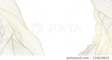Luxury abstract wave pattern, elegant gold lines, flowing curves, modern Japanese design. Premium vector background, organic shapes, decorative elements, sea, ocean, clouds. 134629625
