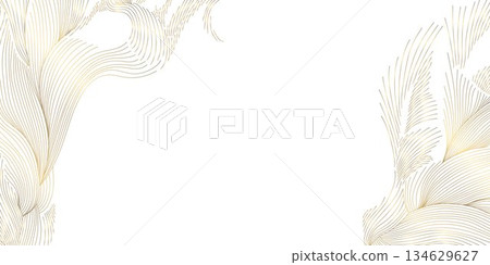 Luxury abstract wave pattern, elegant gold lines, flowing curves, modern Japanese design. Premium vector background, organic shapes, decorative elements, sea, ocean, clouds. 134629627