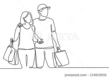 Happy Couple Carrying Shopping Bags Continuous One Line Drawing 134629930