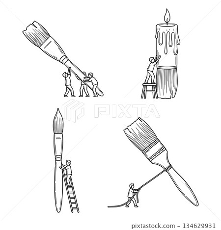 Miniature People Working with Paint Brushes Sketch Style Vector Illustration Set 134629931