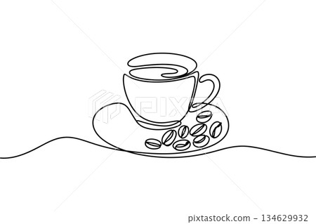 Coffee Cup on Saucer with Beans Continuous One Line Drawing 134629932
