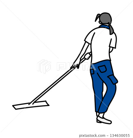庫存插圖：清潔工用拖把清潔地板的插圖 134630055