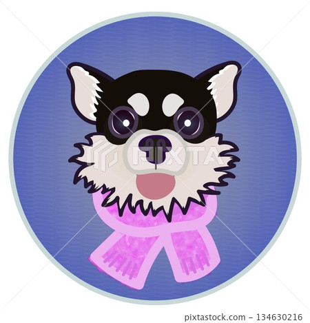 一隻戴著圍巾的狗的臉部插圖，背景是圓形的。 134630216