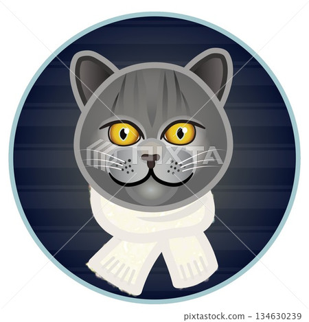 Illustration of a cat's face wearing a scarf with a circular background Illustration of a cat's face wearing a scarf with a circular background 134630239