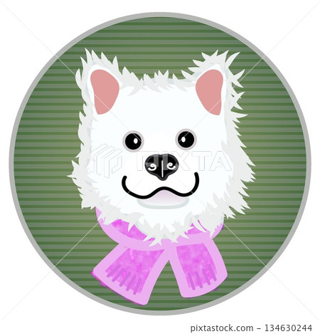 一隻戴著圍巾的狗的臉部插圖，背景是圓形的。 134630244