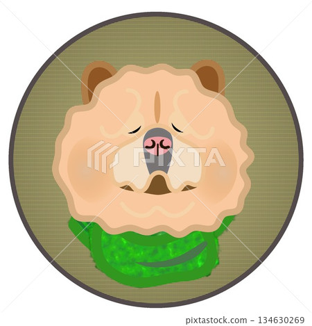 一隻戴著圍巾的狗的臉部插圖，背景是圓形的。 134630269