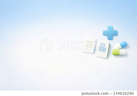 藍色背景上的醫療概念圖，包含醫療保險和醫療保健系統的圖片。 134630290