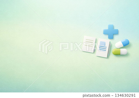 綠色背景上的醫療保健材料，代表醫療支援和醫療費用。 134630291