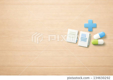 以木紋為背景的醫療概念素材,描繪了日常生活和醫療費用。 以木紋為背景的醫療概念素材,描繪了日常生活和醫療費用。 134630292