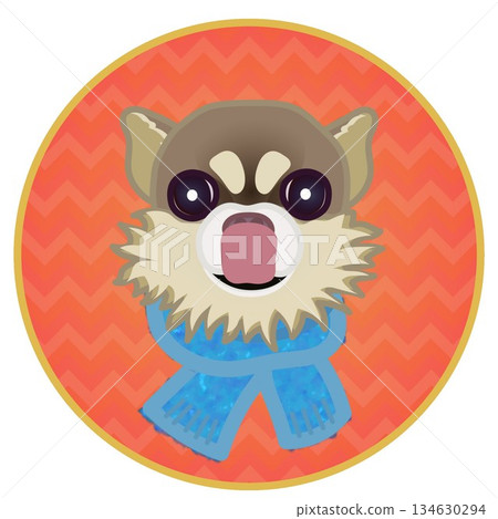 Illustration of a dog's face wearing a scarf with a circular background 134630294