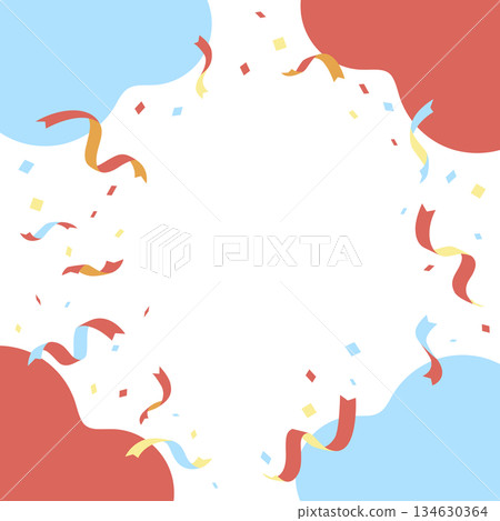 慶祝背景素材，彩帶和彩紙飛舞。邊框模板。紅色、淺藍色、早晨。 134630364