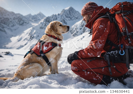 一隻山區救援犬和一名救援隊員在雪山上對峙。 134630441