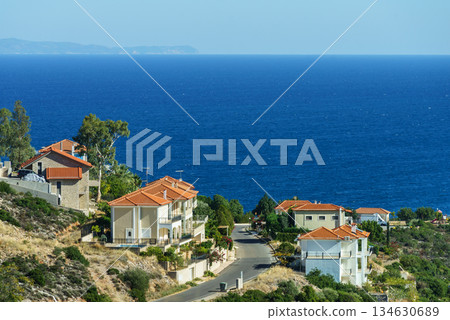 Roof of greek house in suburbs 134630689