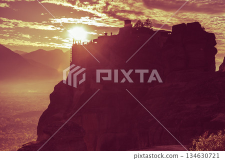 Sunset over Varlaam monastery in Meteora, Greece 134630721