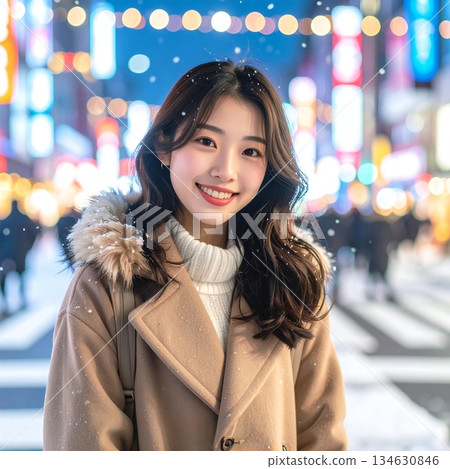 雪夜城市中,一位身穿外套、微笑的人的肖像 雪夜城市中,一位身穿外套、微笑的人的肖像 134630846