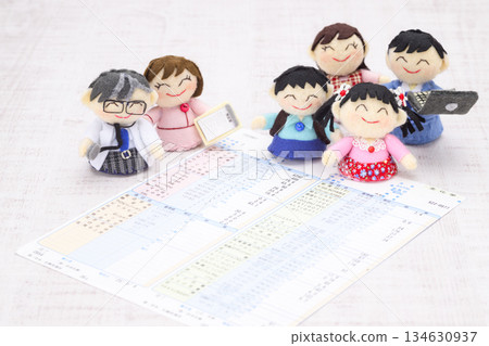 Doctor, nurse, family dolls and medical examination result form 134630937