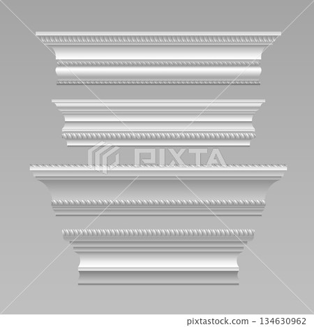 White cornice molding with decorative trim element 134630962