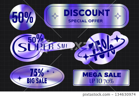 Holographic sale stickers pack isolated on black Holographic sale stickers pack isolated on black 134630974