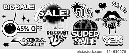 Y2K retro sale stickers with halftone patterns Y2K retro sale stickers with halftone patterns 134630976