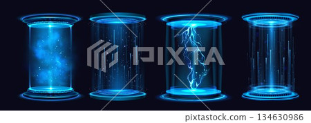 Neon blue game portals set isolated on black Neon blue game portals set isolated on black 134630986