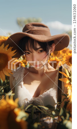 Woman standing in sunflower field 134631060