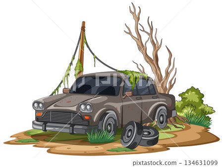 Abandoned Rusty Car in Overgrown Post Apocalyptic Landscape 134631099