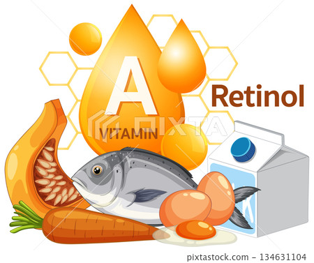 Vitamin A Retinol Sources with Fish, Eggs, Milk, and Vegetables Vitamin A Retinol Sources with Fish, Eggs, Milk, and Vegetables 134631104