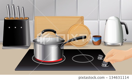 Hand Adjusting Electric Hotplate in Modern Kitchen Setting Hand Adjusting Electric Hotplate in Modern Kitchen Setting 134631114