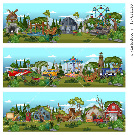 Abandoned Amusement Park and Farm Vehicles Vector Banners Abandoned Amusement Park and Farm Vehicles Vector Banners 134631130